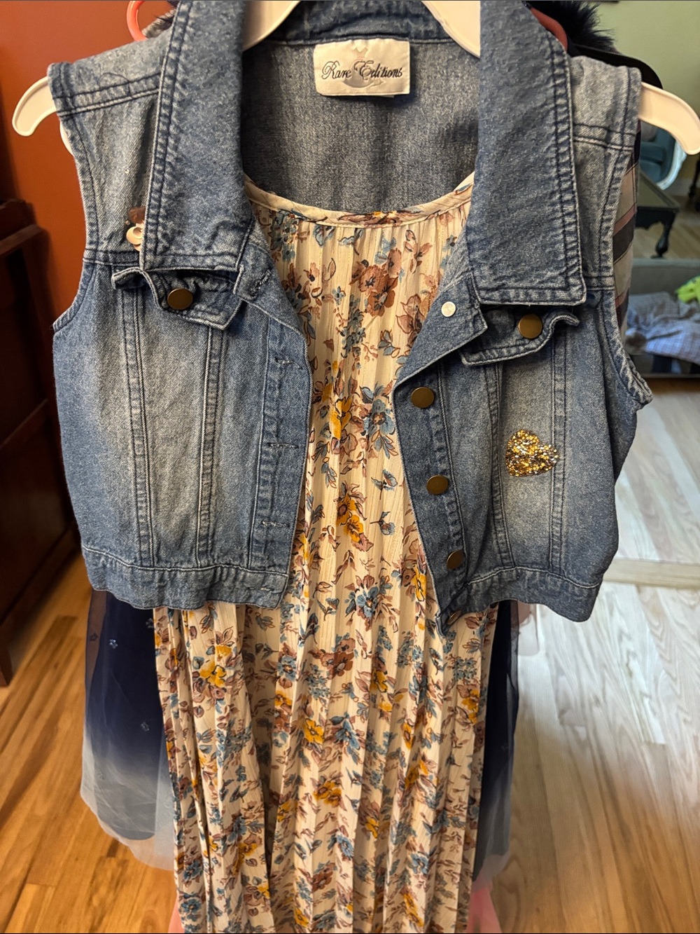 Rare Editions Blue Denim Vest with Cream Floral Dress